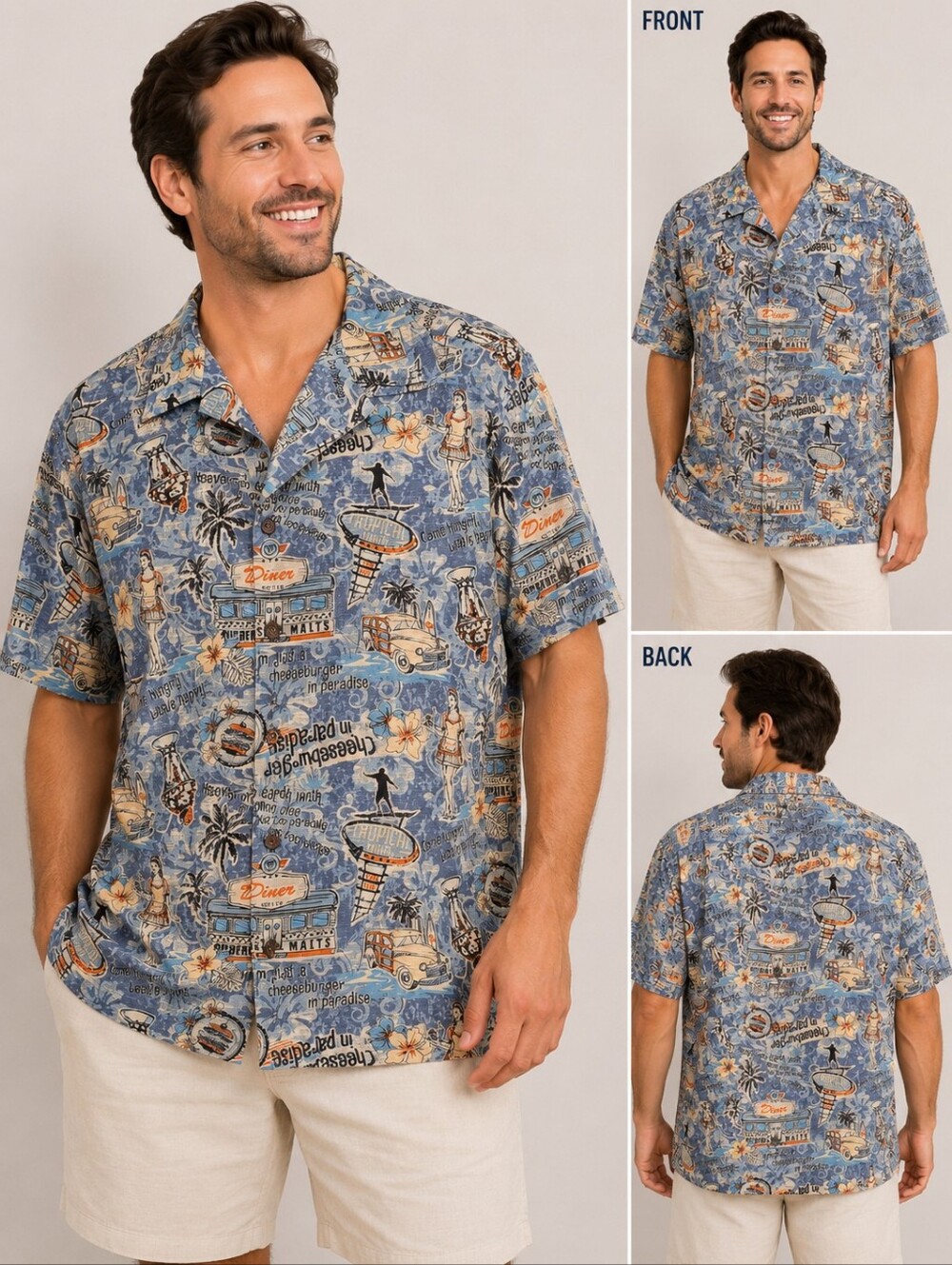Margaritaville Hawaiian Shirt Blue Silk Short Sleeve Diner Girl XL Tropical Beac